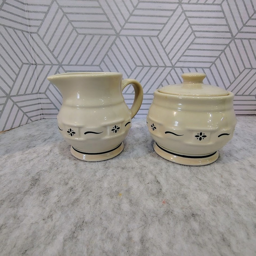 Longaberger Pottery Woven Traditions Classic Green – Creamer/Sugar Set USA